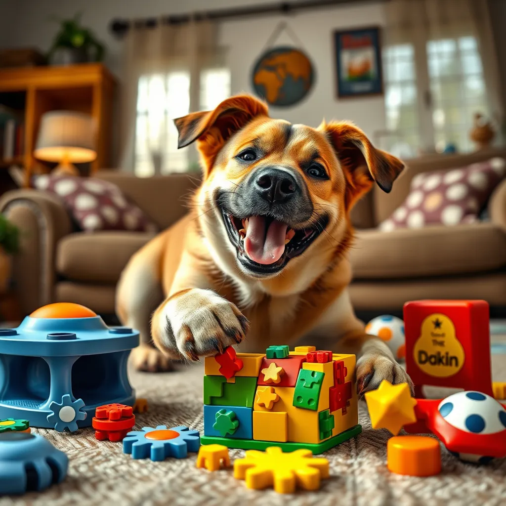 A happy dog solving a colorful puzzle toy, surrounded by various interactive games and brain-teasing activities. The background is a cozy living room, highlighting a playful environment that encourages mental stimulation and engagement.