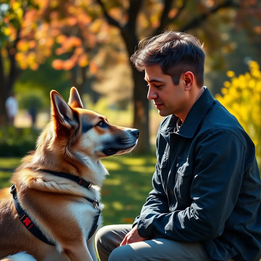 A high-quality, photorealistic image of a dog trainer sitting at eye level with a dog, both engaged in a focused interaction in a sunny park. The trainer has a gentle expression, showcasing a bond of understanding with the dog, surrounded by colorful nature.