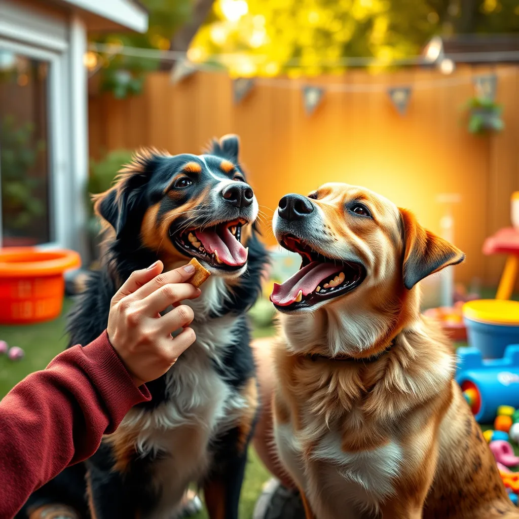 A joyful dog receiving a treat from its owner, with the owner smiling and surrounded by a glowing aura of encouragement. The setting is a vibrant backyard filled with toys and treats, symbolizing positivity and reward-based training.