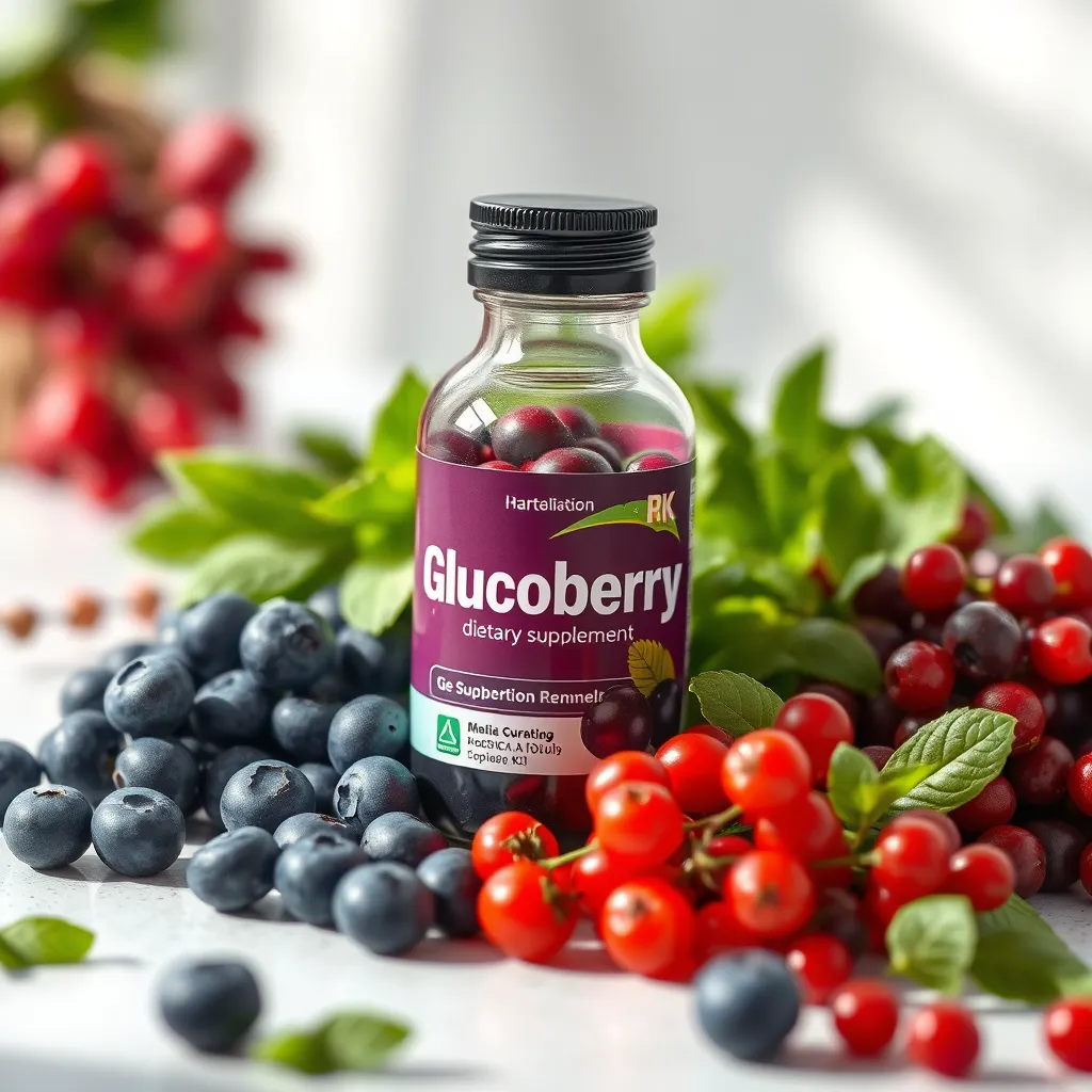  An image of a Glucoberry supplement bottle surrounded by fresh herbs and berries, like blueberries and goji berries, highlighting a clean and healthy lifestyle.