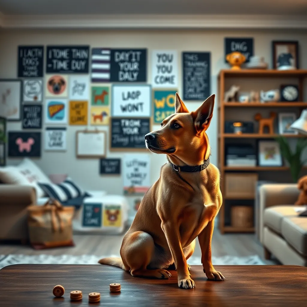 A photorealistic scene of a dog being trained at home, with the owner calmly repeating commands in a living room full of motivational dog training materials. The dog is sitting attentively, ready for the next command, while treats are visible on a table, symbolizing consistency and patience.