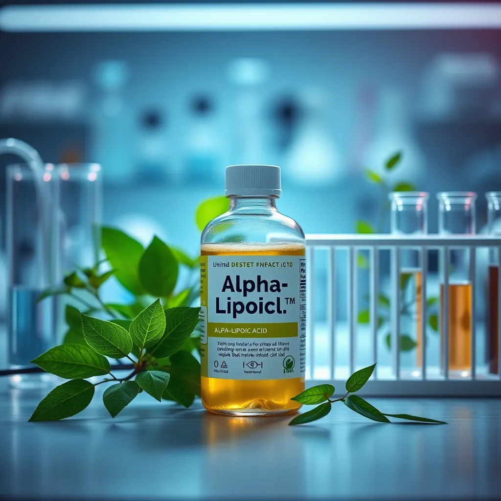 A scientifically styled image featuring an alpha-lipoic acid bottle on a laboratory bench surrounded by test tubes and green leafy plants. Soft focus on the background with laboratory equipment to convey a sense of research and health.