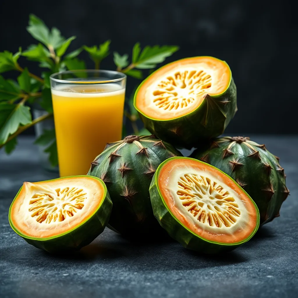 A serene arrangement of whole bitter melons sliced open, revealing their unique texture, placed next to a clear glass containing bitter melon juice. Include a subtle green plant in the background for a fresh, organic feel.