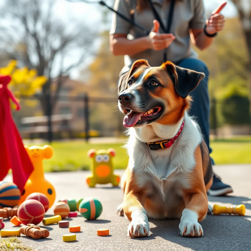 A thoughtful dog sitting at a training session, surrounded by colorful toys, treats, and a cheerful trainer demonstrating a trick. The background shows a sunny park, emphasizing the bond and understanding between the dog and the trainer.