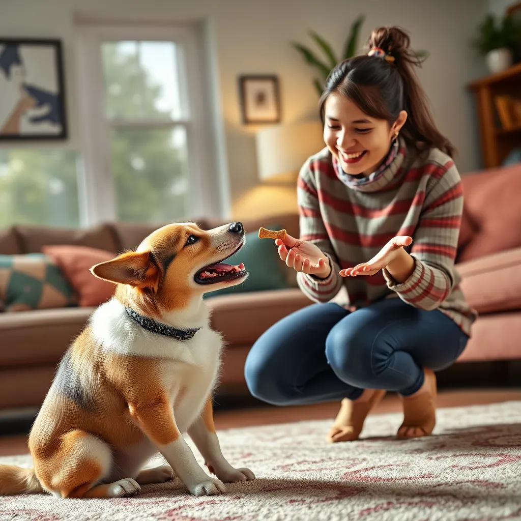 A vibrant, photorealistic image of a dog happily receiving a treat from a smiling owner in a cozy living room. The owner is kneeling with an open palm offering a treat, and the dog is eagerly looking up, depicting a moment of joyful training.