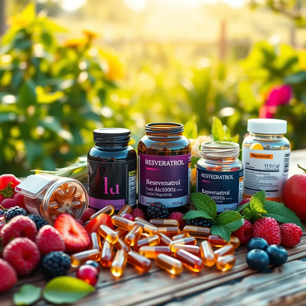  A vivid collection of antioxidant-rich foods and supplements, including resveratrol capsules and vibrant fruits like berries on a rustic table. A backdrop of a sunny garden brings warmth and energy to the scene, symbolizing health and vitality.