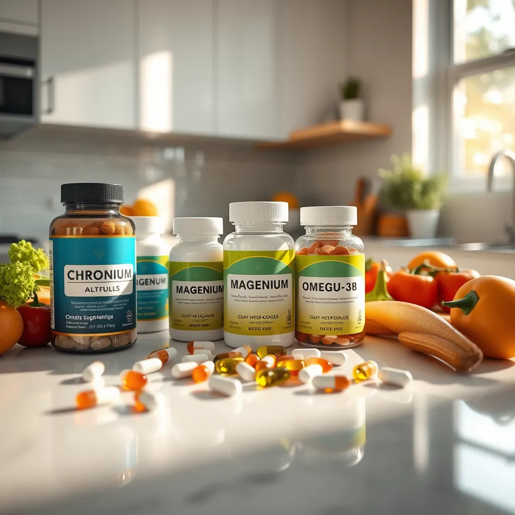  An artistic arrangement of supplements such as chromium, magnesium, and omega-3 capsules on a clean, modern kitchen countertop, accompanied by fresh vegetables and fruits symbolizing health. Soft sunlight filters through a window, creating a serene atmosphere.