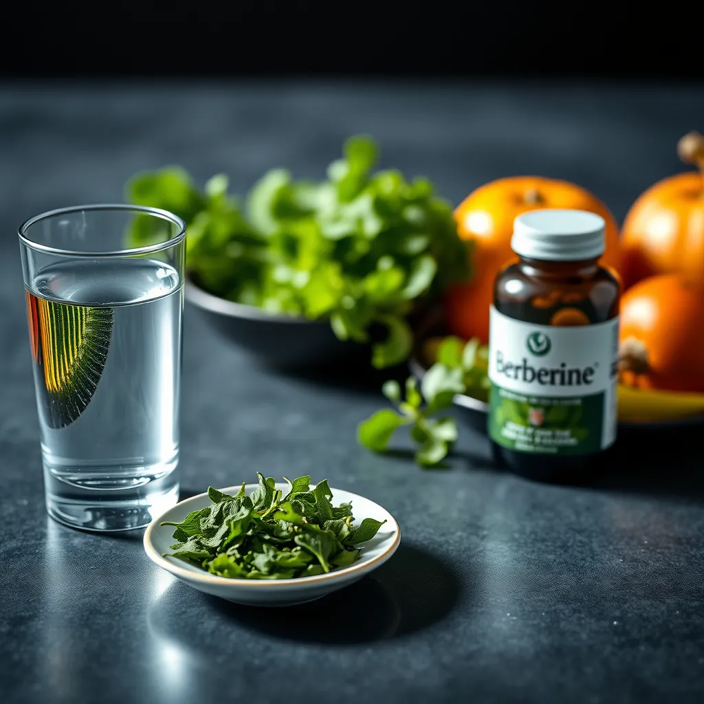 An elegant, minimalist arrangement featuring a glass of water next to a plate of bright green berberine-rich herbs. A herbal supplement bottle with a label indicating berberine is in sharp focus, with colorful fruits and vegetables subtly placed in the background, symbolizing holistic health.
