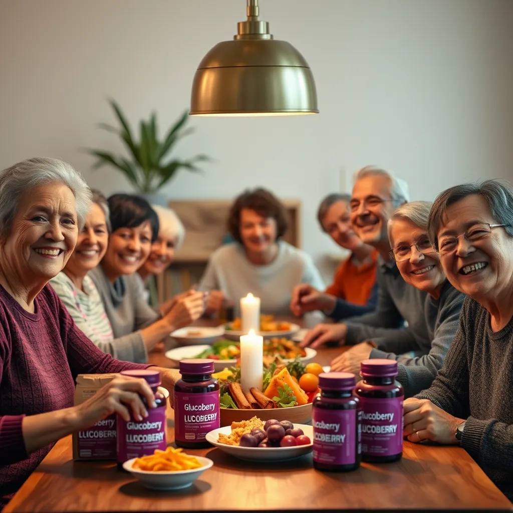  A scene showing a diverse group of adults enjoying a balanced meal, with Glucoberry supplements on the table, symbolizing community and healthy living.