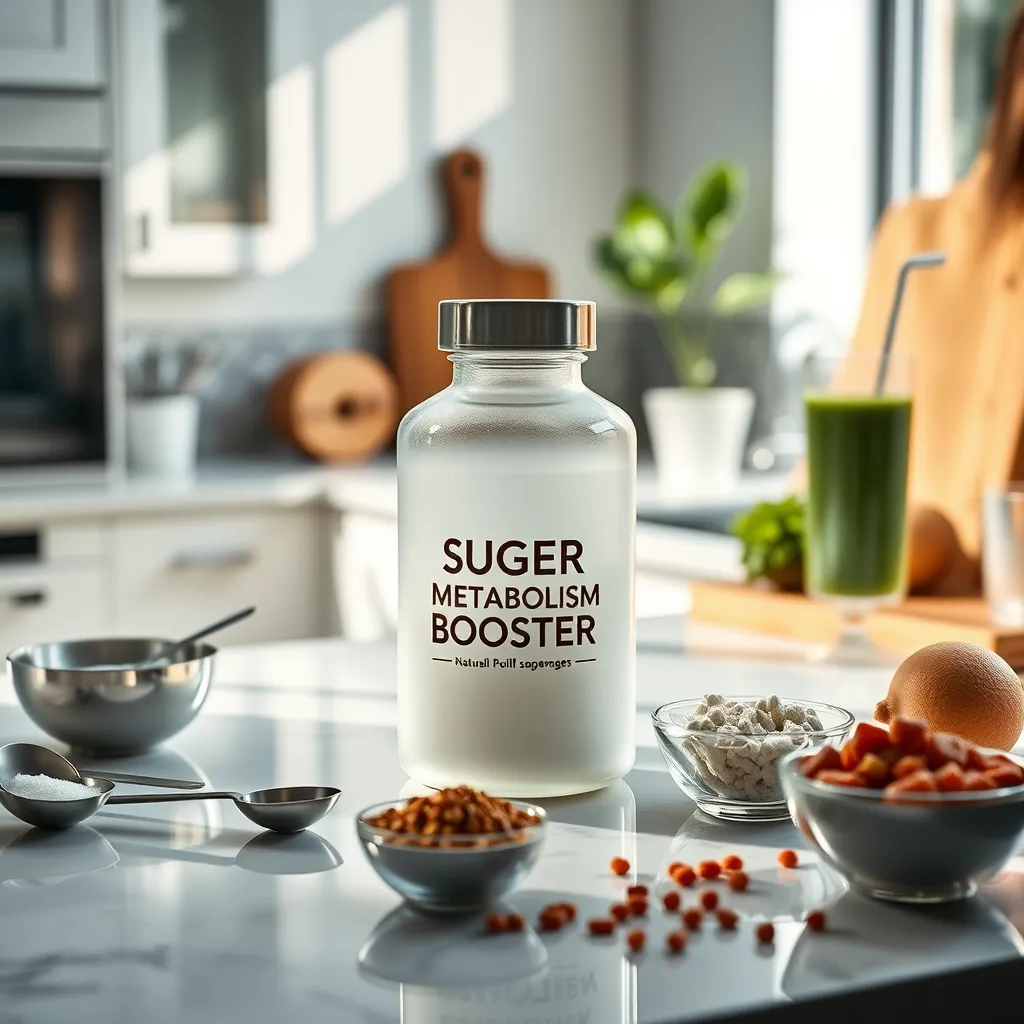 Craft a photorealistic image of an elegantly arranged countertop displaying the Sugar Metabolism Booster in an elegant frosted glass container. The setting should be a bright, modern kitchen bathed in soft, natural light, with reflections dancing on the container's surface. Add elements like measuring scoops and small bowls filled with assorted natural sweeteners, such as stevia and monk fruit, to reinforce the theme of sugar management. Include details of a sleek wooden cutting board in the background and a fresh smoothie in a glass, suggesting healthy meal prep. Capture this scene from a slightly elevated angle that provides a comprehensive view, delivering incredible detail in 8K hyperrealistic quality, emphasizing the connection between health, wellness, and balanced nutrition.