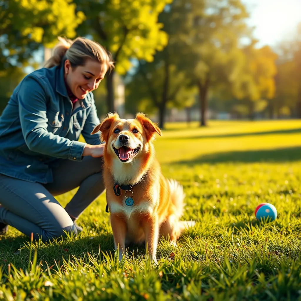 Create a photorealistic header image featuring a trainer and a happy, well-behaved dog in a sunny park setting. The composition should show the trainer kneeling beside the dog, demonstrating an obedience command, with the dog’s attentive expression highlighting its intelligence and focus. Use warm, natural lighting to create a bright and cheerful mood, emphasizing a serene morning atmosphere. The color palette should include vibrant greens from the grass, a clear blue sky, and soft earth tones from the trainer's clothing. Capture the scene from a slightly low camera angle, allowing the viewer to feel engaged with the dog’s perspective. Include textures like the dog's soft fur, the trainer’s denim jacket, and the grassy park. Add environmental elements like trees in the background and a few playful toys scattered nearby to resonate with the theme of training. Use a hyperrealistic style, aiming for 8K resolution to ensure every detail is vivid and life-like., ultra high resolution, photorealistic, 8K, hyperdetailed, cinematic lighting