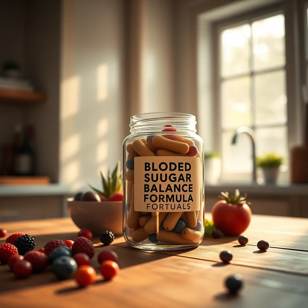 Create a photorealistic image of a tranquil kitchen setting, showcasing a stylish glass jar filled with natural dietary supplements labeled 'Blood Sugar Balance Formula'. The jar should be center stage, illuminated by soft, diffused morning light coming in from a window, casting gentle shadows. The color palette should be warm and inviting, with earthy tones like greens and browns, emphasizing health and natural ingredients. The background features a wooden table with scattered fresh fruits, like berries and apples, and a small succulent plant for a touch of greenery. The camera should be at eye level, capturing the textures of the jar and table, with ultra-detailed 8K resolution, hyperrealistic quality, conveying a sense of wellness and vitality.