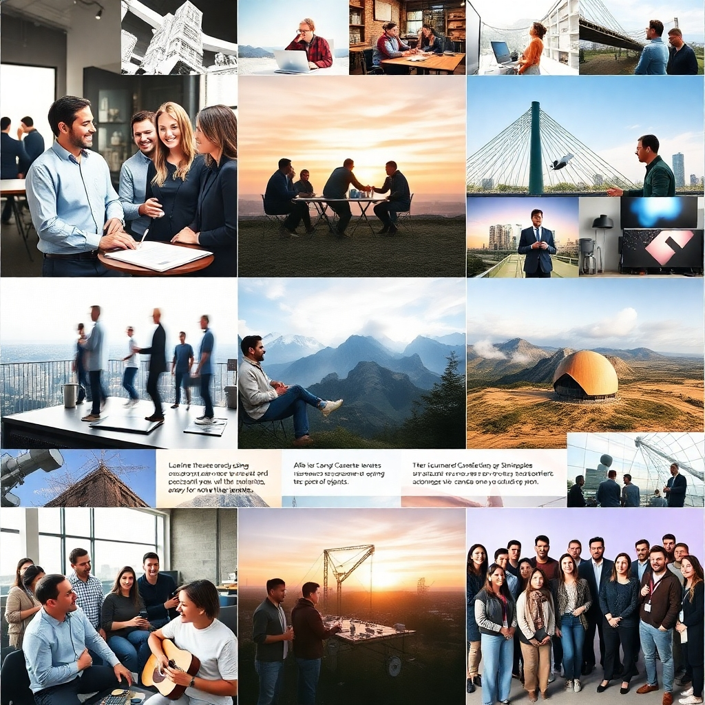 A photorealistic collage of images depicting key moments in AI Spark Solutions' history. This could include photos of the founding team, early projects, milestones achieved, and current team photos, showcasing the company's growth and journey.