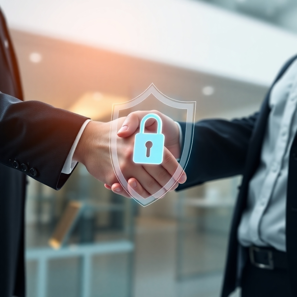 A photorealistic image depicting a handshake between a businessperson and a customer, with a holographic projection of a shield displaying a padlock icon, representing data protection and trust. The setting should be modern and professional.