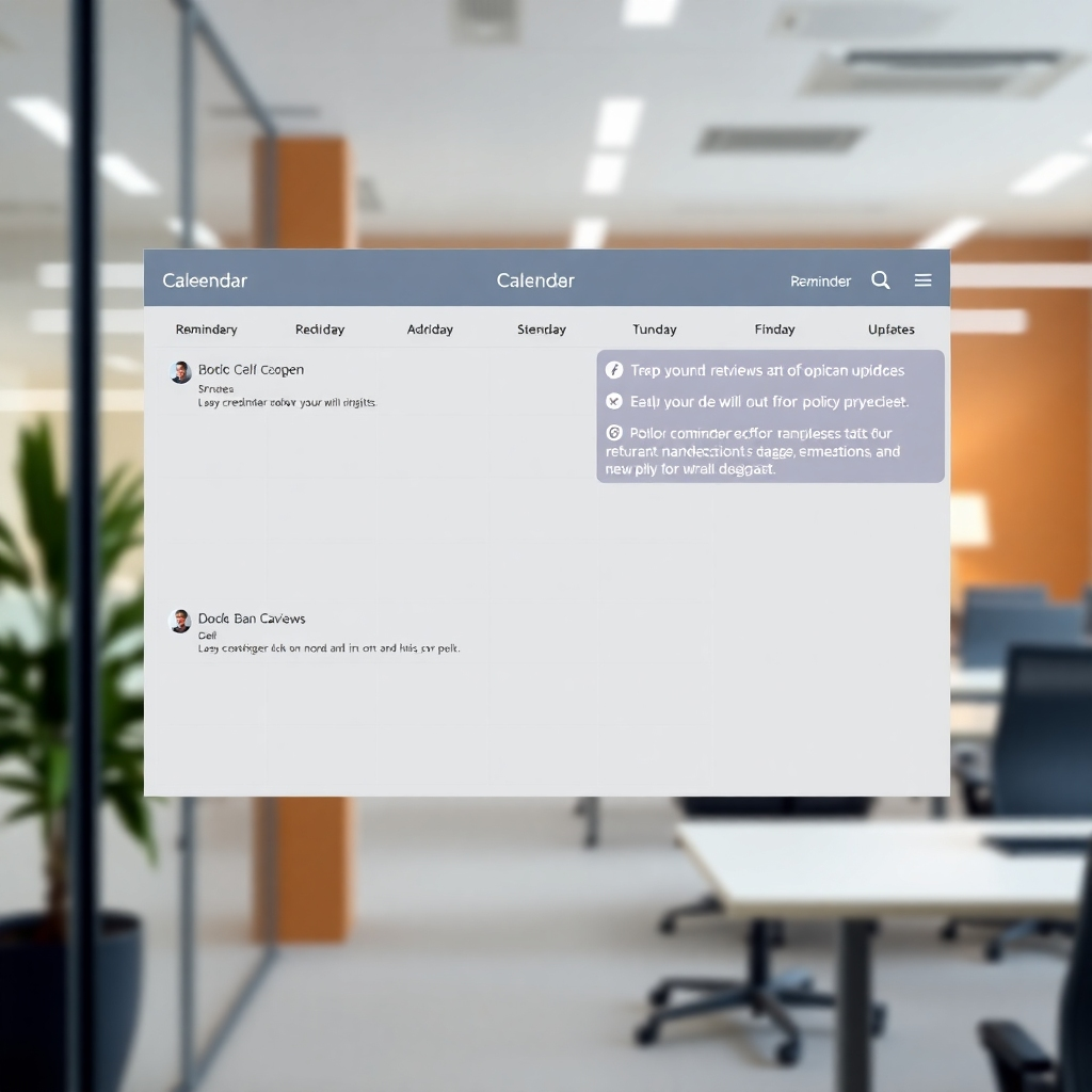 A photorealistic image of a calendar with notifications and reminders for policy reviews and updates.  A clean office setting with a modern design is suggested.
