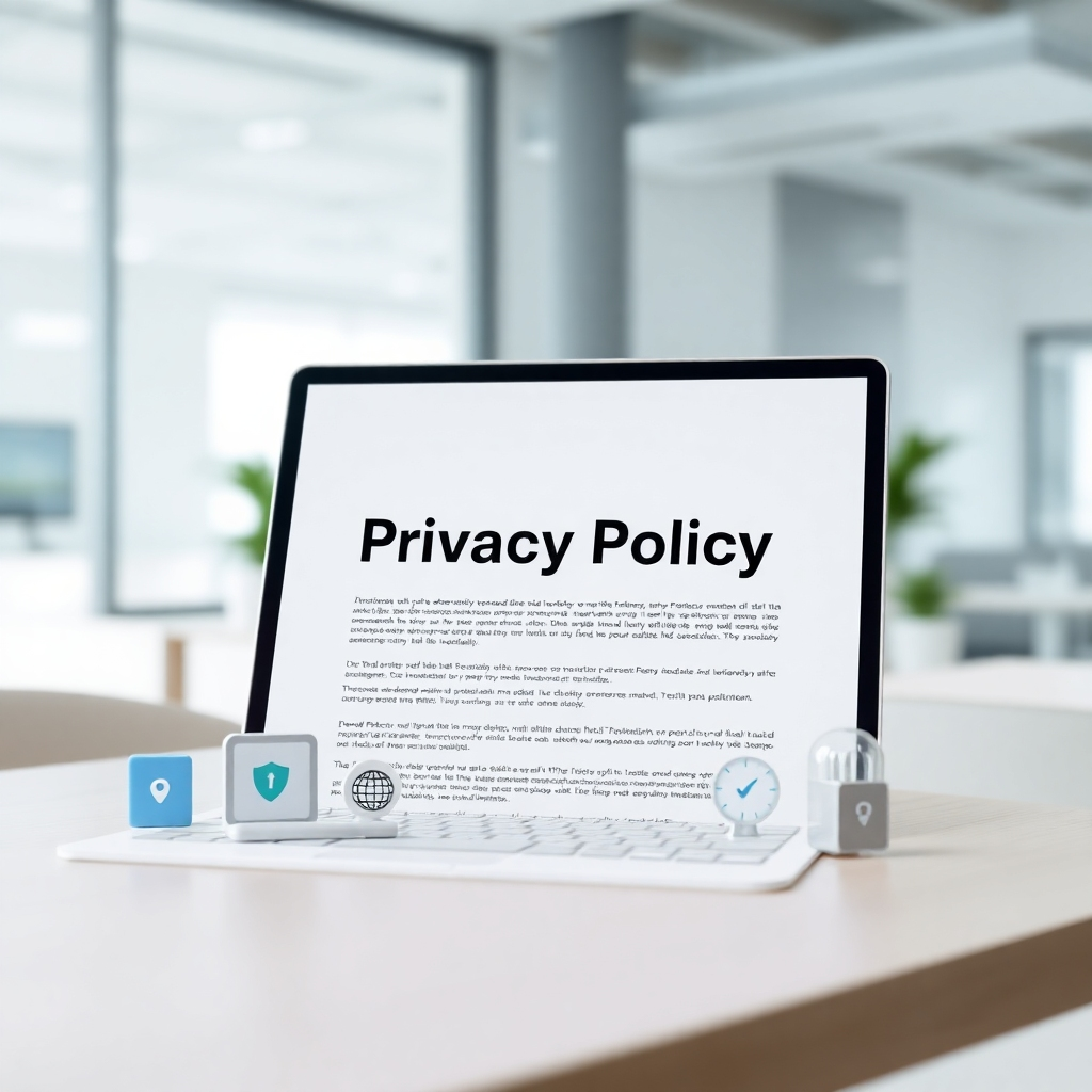 A photorealistic image of a digital document with the title "Privacy Policy" prominently displayed, with small icons representing data protection, security, and transparency around it. The background is a clean, modern office environment.