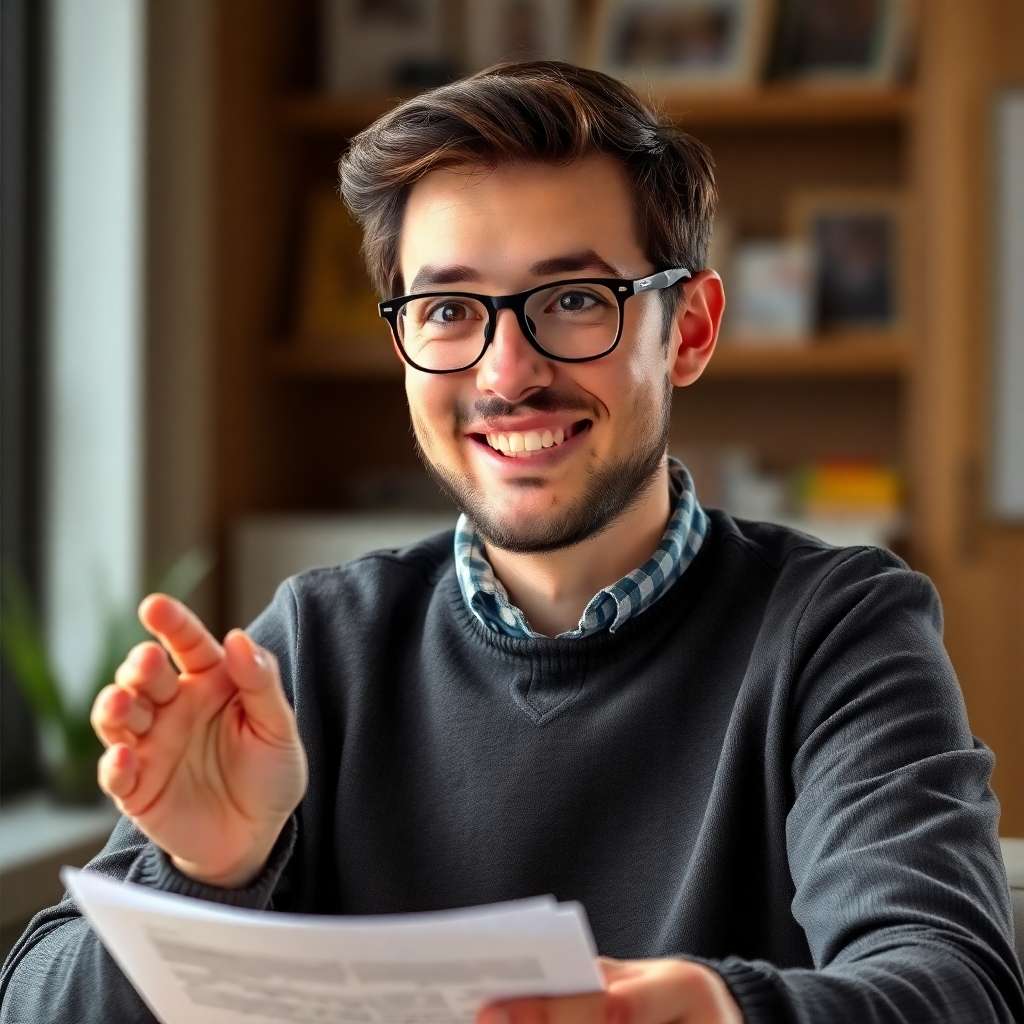 A photorealistic image of a friendly and approachable person explaining a document with clear and simple language.