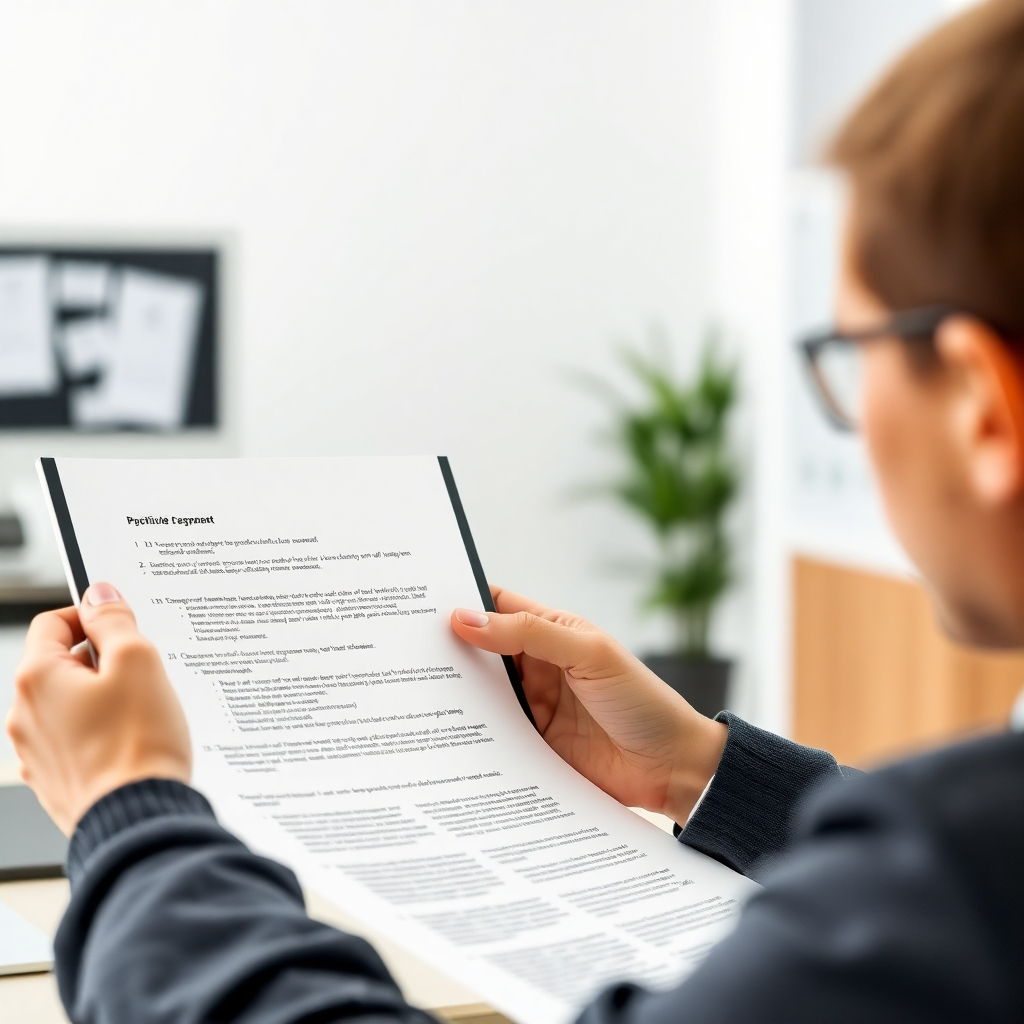A photorealistic image of a person reading a digital document with a clear and concise layout. The background could be a clean, minimalist office space, symbolizing clarity and professionalism.