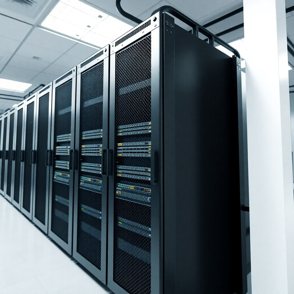 A photorealistic image of a secured server rack with multiple security measures in place. The setting should be a modern data center or server room.