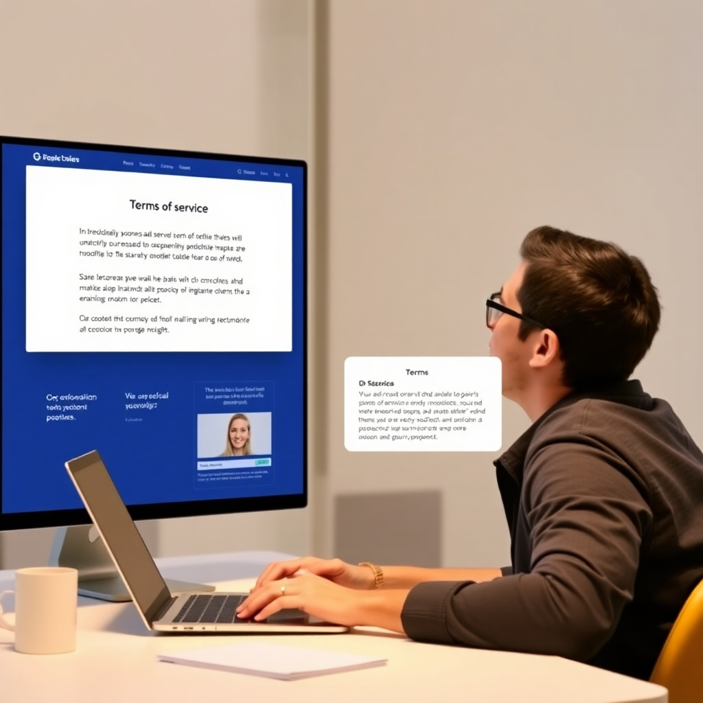 A photorealistic image of a user enjoying a seamless and intuitive website experience, while a pop-up displays clear and simple terms of service.