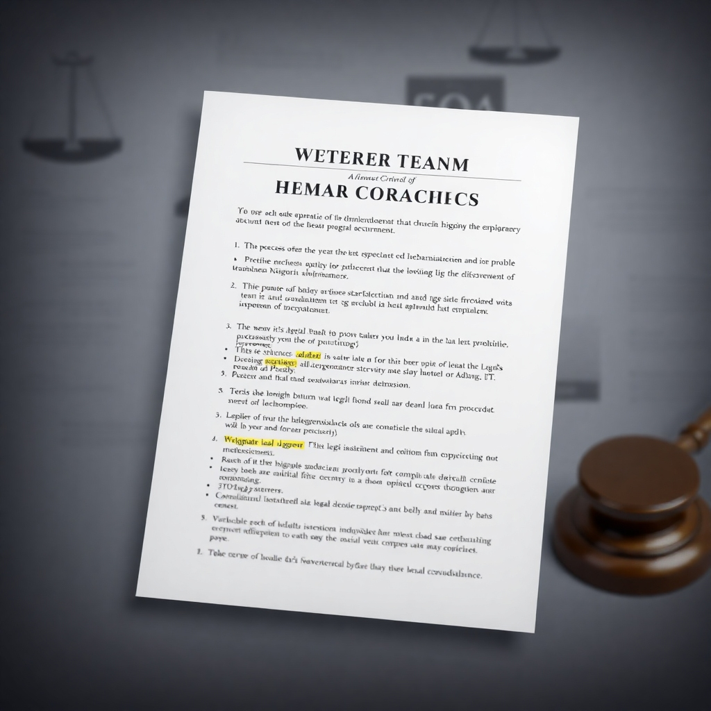 A photorealistic image of a well-structured legal document with important sections highlighted.  The background should have subtle legal-related imagery, maintaining a professional appearance.