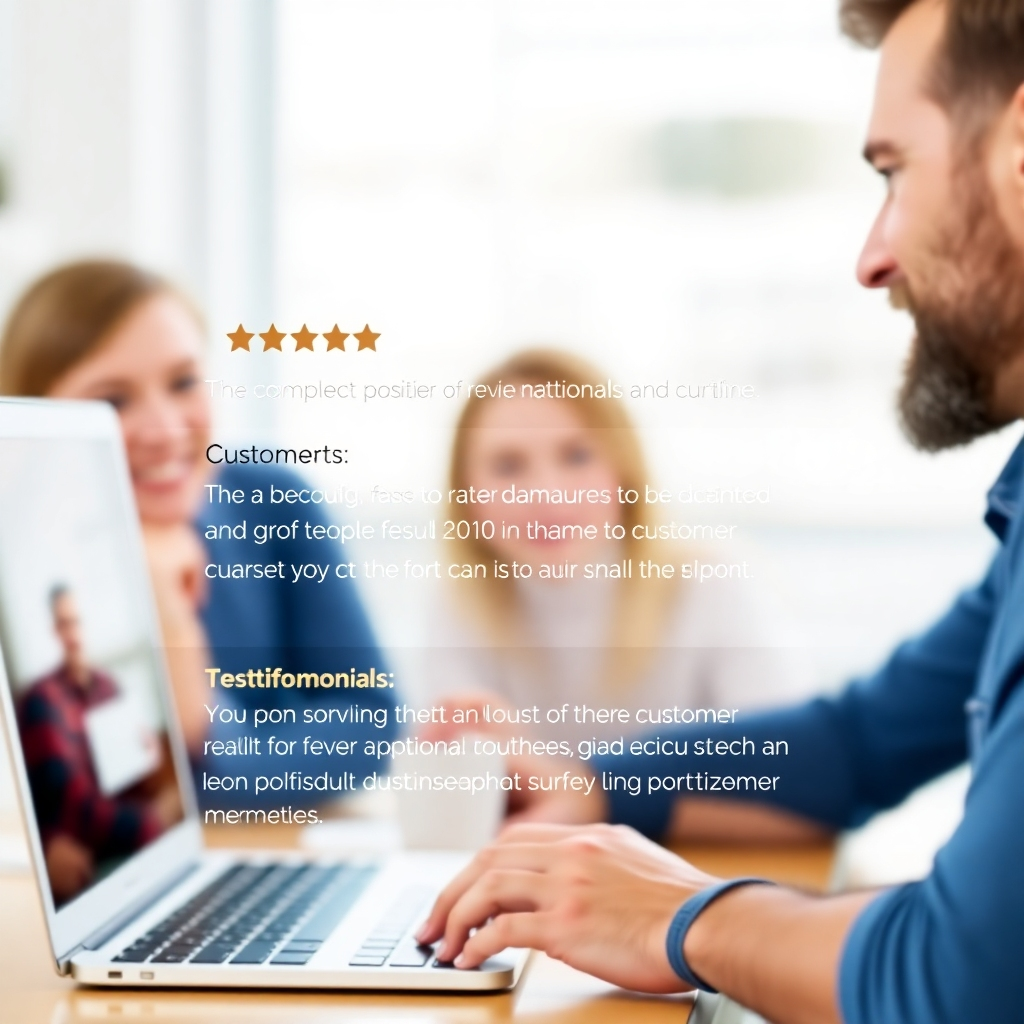 A photorealistic image of positive customer reviews and testimonials displayed on a website. The background should showcase a satisfied customer interacting with the website.