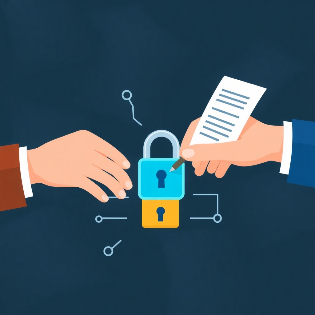 A stylized depiction of a digital contract being signed by both parties (user and website owner), secured by a digital padlock. The background should suggest the exchange of information.