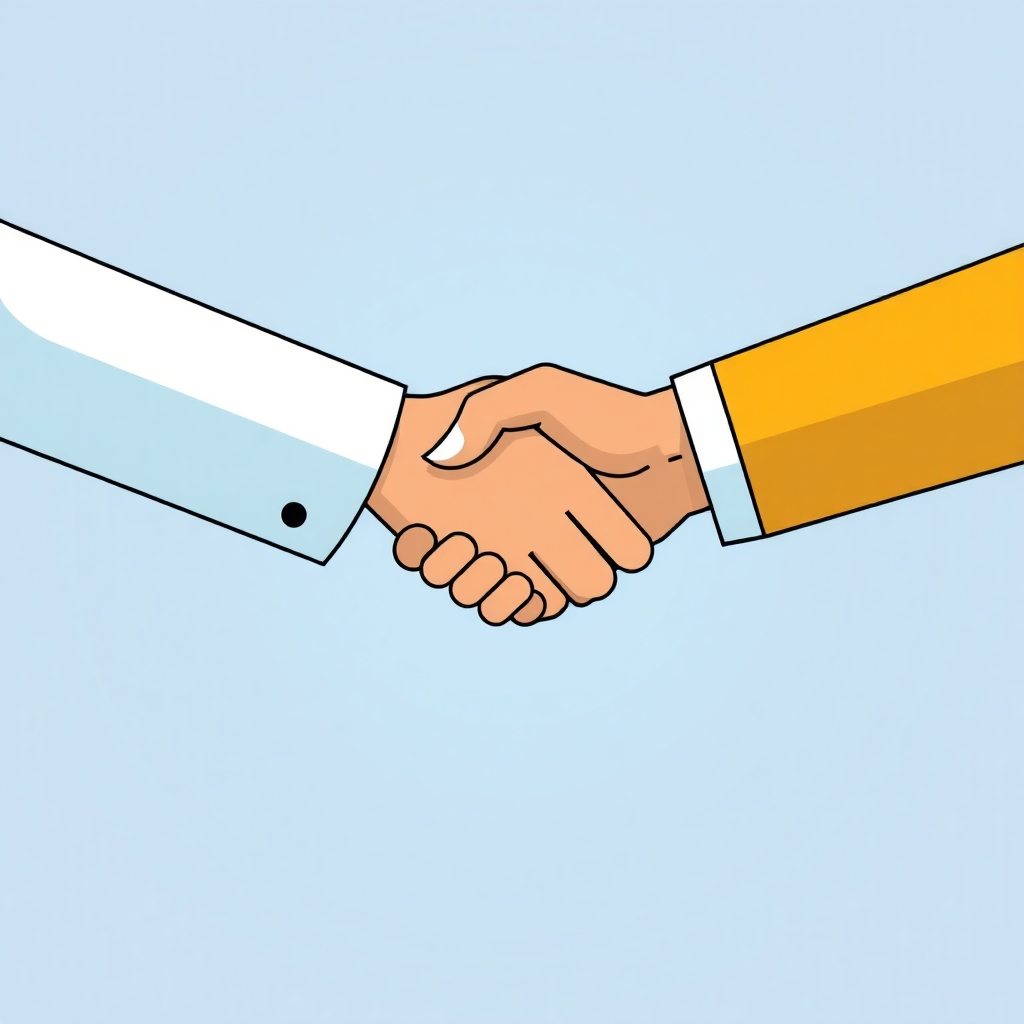 A stylized image depicting a digital contract with a handshake represented digitally to show mutual consent between the parties involved.  The background should have light blue and grey tones with a simple background.