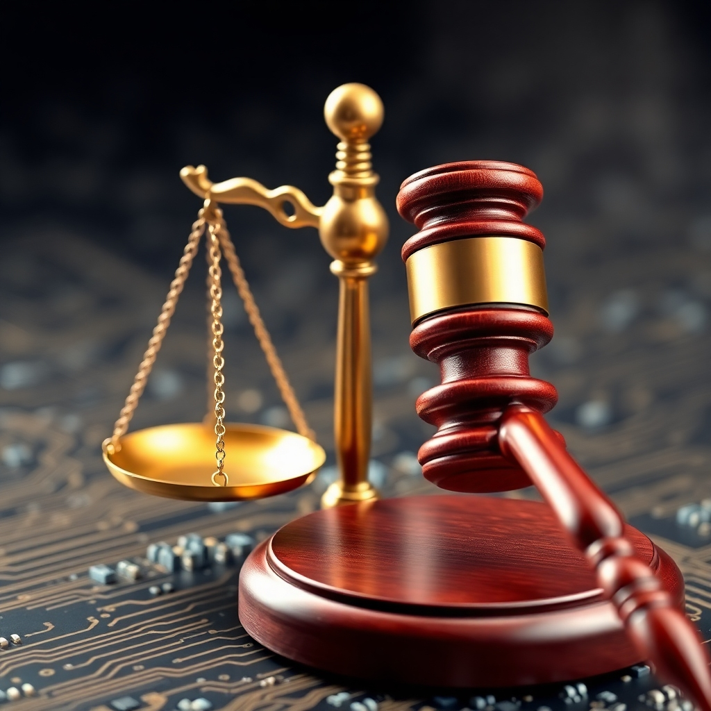 A stylized image of a gavel and scales of justice, subtly merging with a digital circuit board, symbolizing the blend of legal and technological aspects. The style should be photorealistic, with a slight futuristic edge.