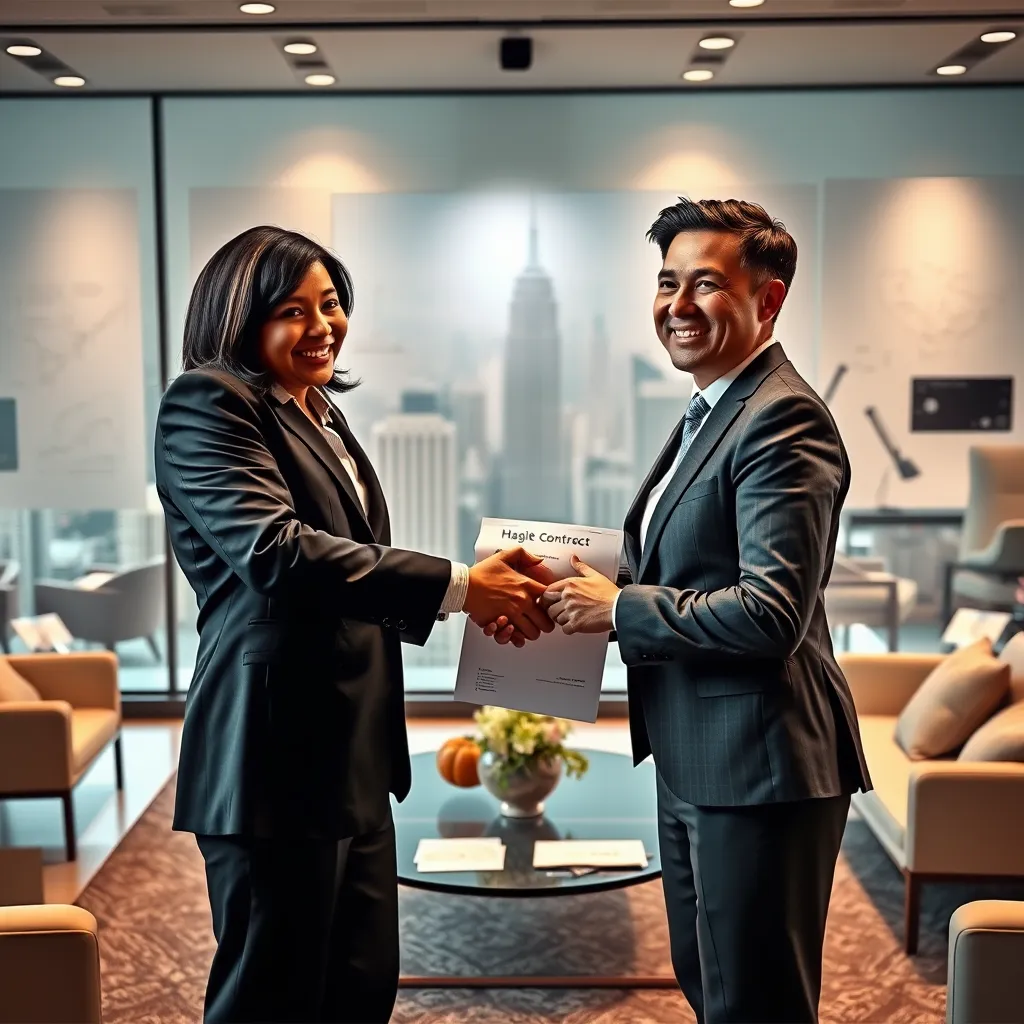 A cinematic, ultra-high resolution image depicting a professional, confident May Reed, dressed in a sharp business suit, shaking hands with a happy couple in front of a newly signed real estate contract. The scene should take place in a modern, well-lit office with sleek furniture and panoramic city views. The background should showcase a montage of documents, maps, and graphs, symbolizing the complex yet successful process of closing a real estate deal. The image should convey a sense of trust, security, and satisfaction.  The lighting should be dramatic, with a spotlight focusing on the handshake and the contract. The couple's faces should radiate joy and relief, while May Reed's expression exudes expertise and assurance. Render the image with a photorealistic style, capturing the details of the office environment, the documents, and the expressions on the faces of the individuals.  The image should evoke a feeling of accomplishment and peace of mind, showcasing the expertise and commitment of May Reed.