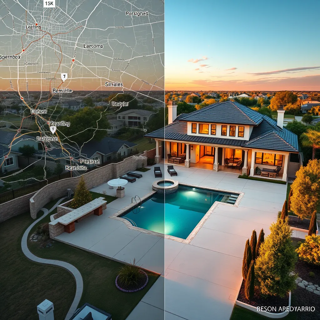 A hyperrealistic, 8K resolution image showcasing a seamless transition between a digital map of San Antonio and a live view of a stunning home. The digital map should highlight various neighborhoods, while the live view reveals a luxurious, modern home with a spacious backyard and pool. The home should be bathed in warm, golden sunlight, showcasing its architectural details and landscaping. The scene should be composed from a wide-angle perspective, capturing the expansive view of the neighborhood and the home's impressive facade. The image should exude a sense of luxury, sophistication, and comfort. Use high-quality textures and materials to render the details of the home, landscaping, and surrounding environment.  The image should seamlessly blend the digital and real worlds, creating a captivating visual representation of the personalized home search experience.