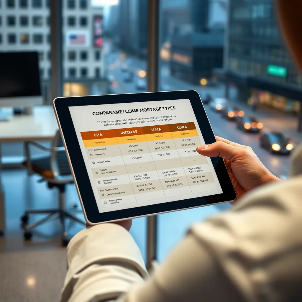 A person using a tablet to browse a website comparing different mortgage types. The tablet is displaying a webpage with a table comparing conventional, FHA, VA, and USDA loan details, including interest rates, terms, and eligibility requirements. The background is a modern office setting with a desk, chair, and a window looking out onto a bustling city street.