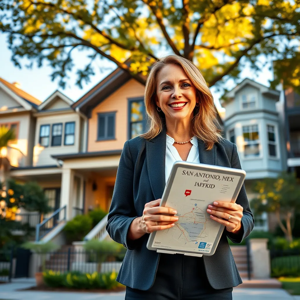 A photorealistic, ultra-high resolution image of a smiling real estate agent, May Reed, standing in front of a beautiful, modern home in a vibrant San Antonio neighborhood. The background should showcase a diverse range of architecture, including historic homes and modern condos. The lighting should be warm and inviting, with soft sunlight filtering through the trees. The image should have a cheerful and optimistic tone, conveying a sense of community and belonging. The agent is wearing a stylish, professional outfit and holding a tablet showcasing a map of the area and local attractions.  The scene should exude a sense of vibrancy and energy, highlighting the unique character of the city. Capture the essence of San Antonio's rich history and modern charm in a way that inspires prospective homebuyers. Render this image in a photorealistic style, with meticulous attention to detail, using high-quality materials and textures. Aim for an 8K resolution for maximum clarity and impact.