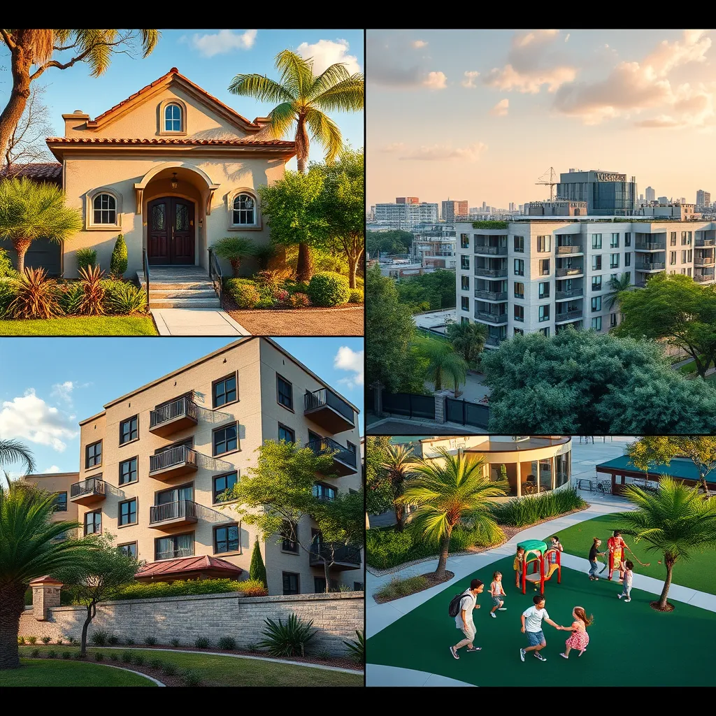 A photorealistic collage showcasing different San Antonio neighborhoods. One image depicts a charming historic home with Spanish architecture and lush landscaping. Another image shows a modern, sleek apartment building with rooftop amenities and city views. The third image captures a family enjoying a community park with green space and play equipment.