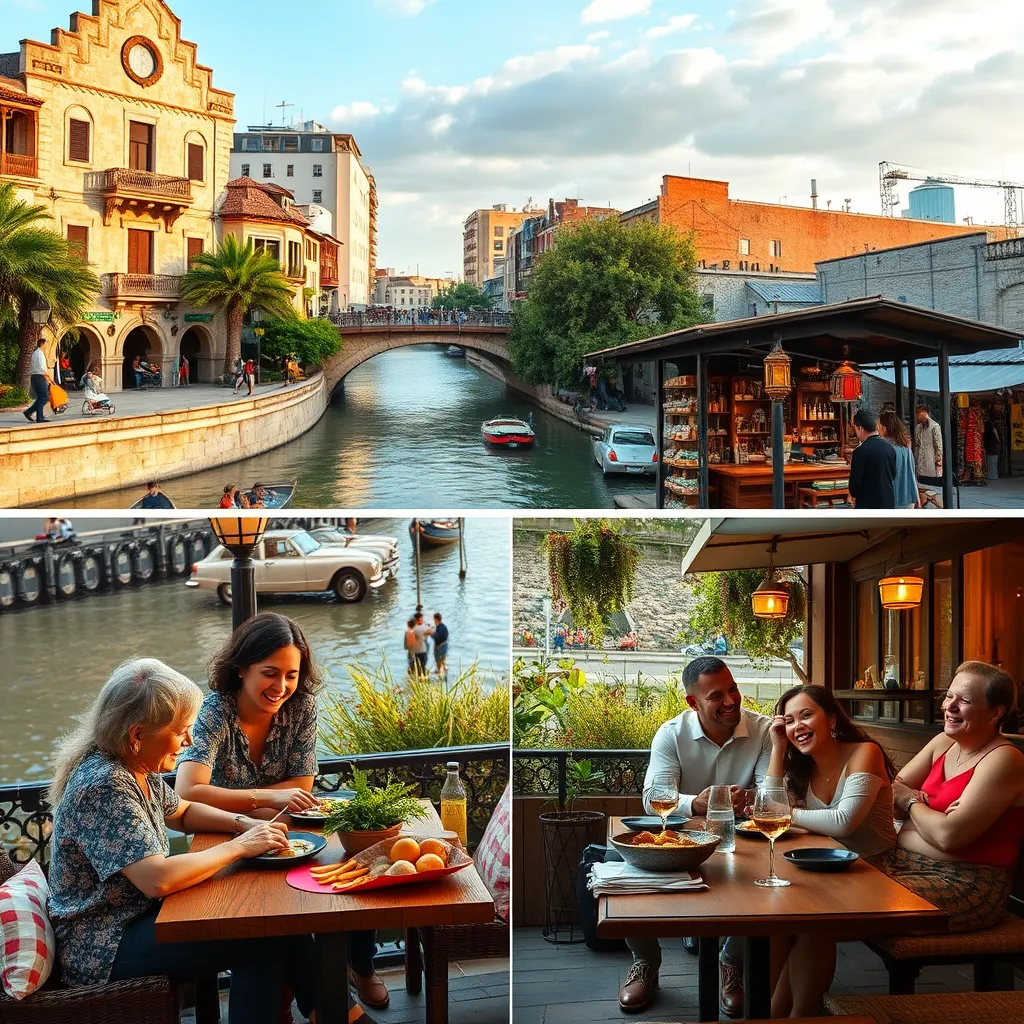 A photorealistic image capturing the essence of San Antonio's affordability and Texas hospitality. Show a family enjoying a picnic at the River Walk, a couple browsing local artisan goods in a charming market, and a group of friends laughing and enjoying a meal at a lively outdoor patio restaurant.