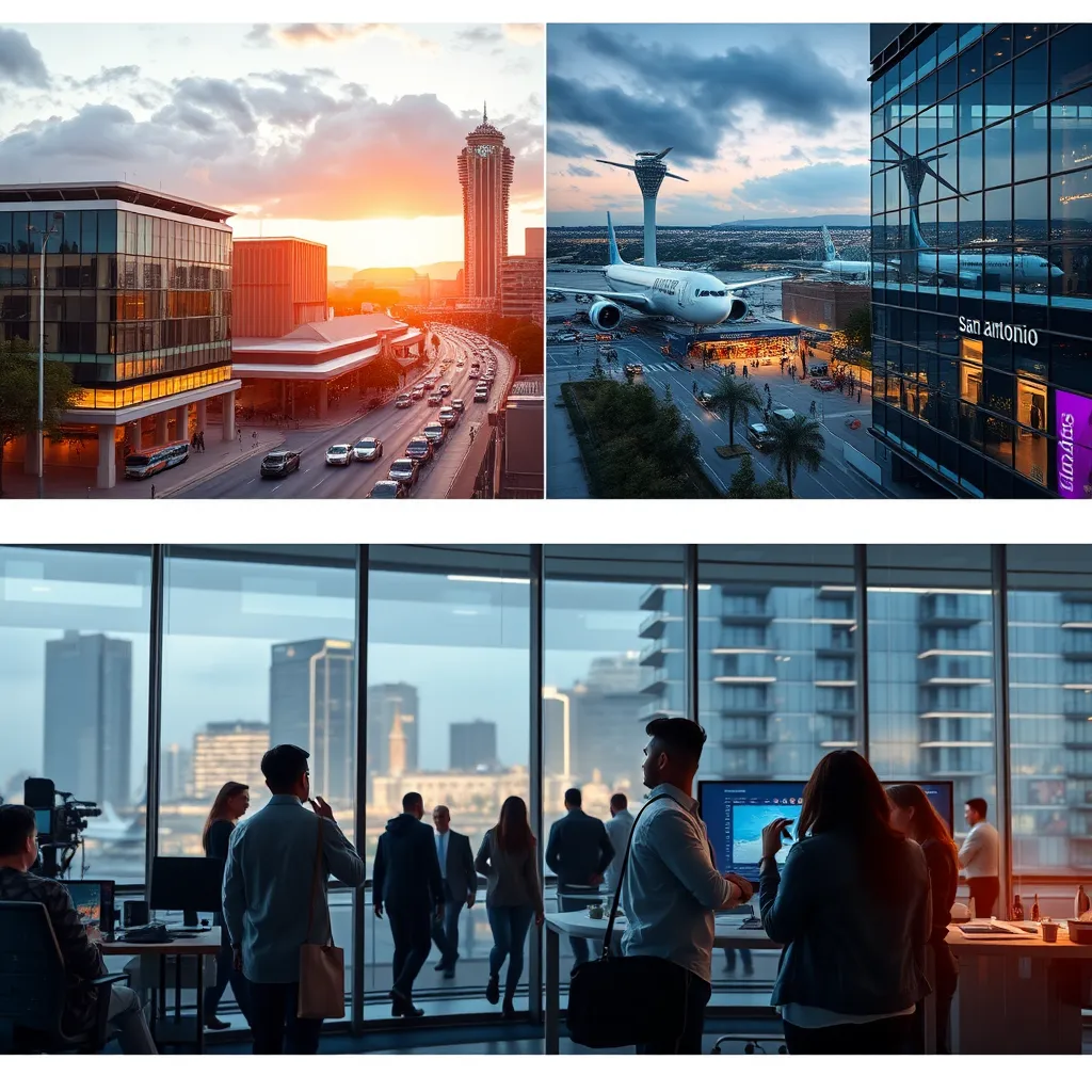 A photorealistic image depicting the bustling economic activity of San Antonio. Showcase scenes like the modern architecture of the Pearl District, the bustling activity at the San Antonio International Airport, and a group of professionals collaborating in a high-tech office space.
