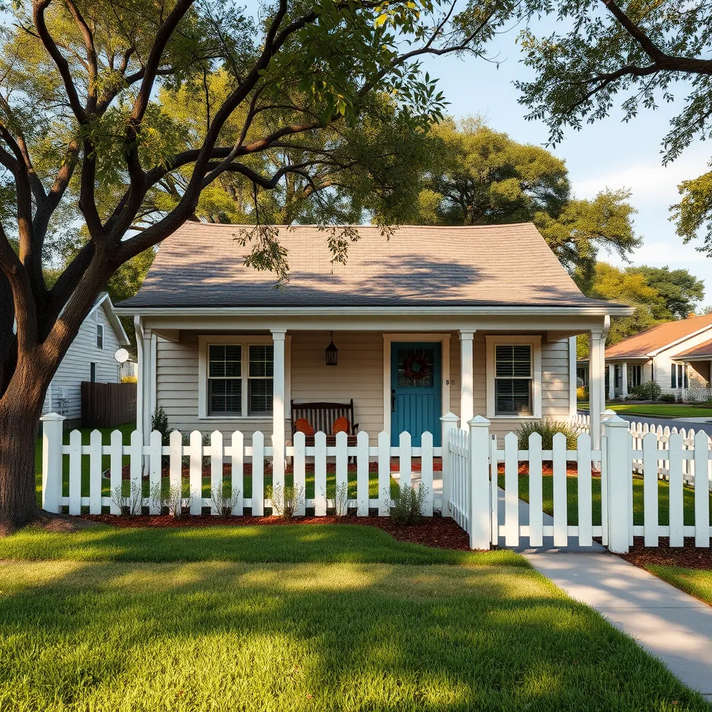 A photorealistic image of a charming, single-family home in a well-maintained San Antonio neighborhood. The home should have a classic style with a manicured lawn, a white picket fence, and a welcoming porch with rocking chairs. The neighborhood should be peaceful and family-friendly, with trees lining the streets and houses with well-kept exteriors. The image should convey a sense of affordability and community.