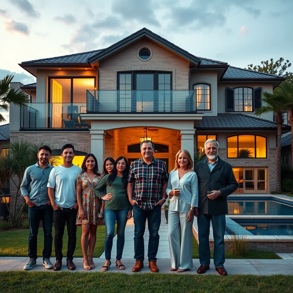 A photorealistic image of a diverse group of people standing in front of their dream homes in San Antonio. The group includes a young couple in a stylish modern condo, a large family in a traditional suburban house with a backyard, and a retired couple enjoying a luxurious estate with a pool and landscaped gardens.