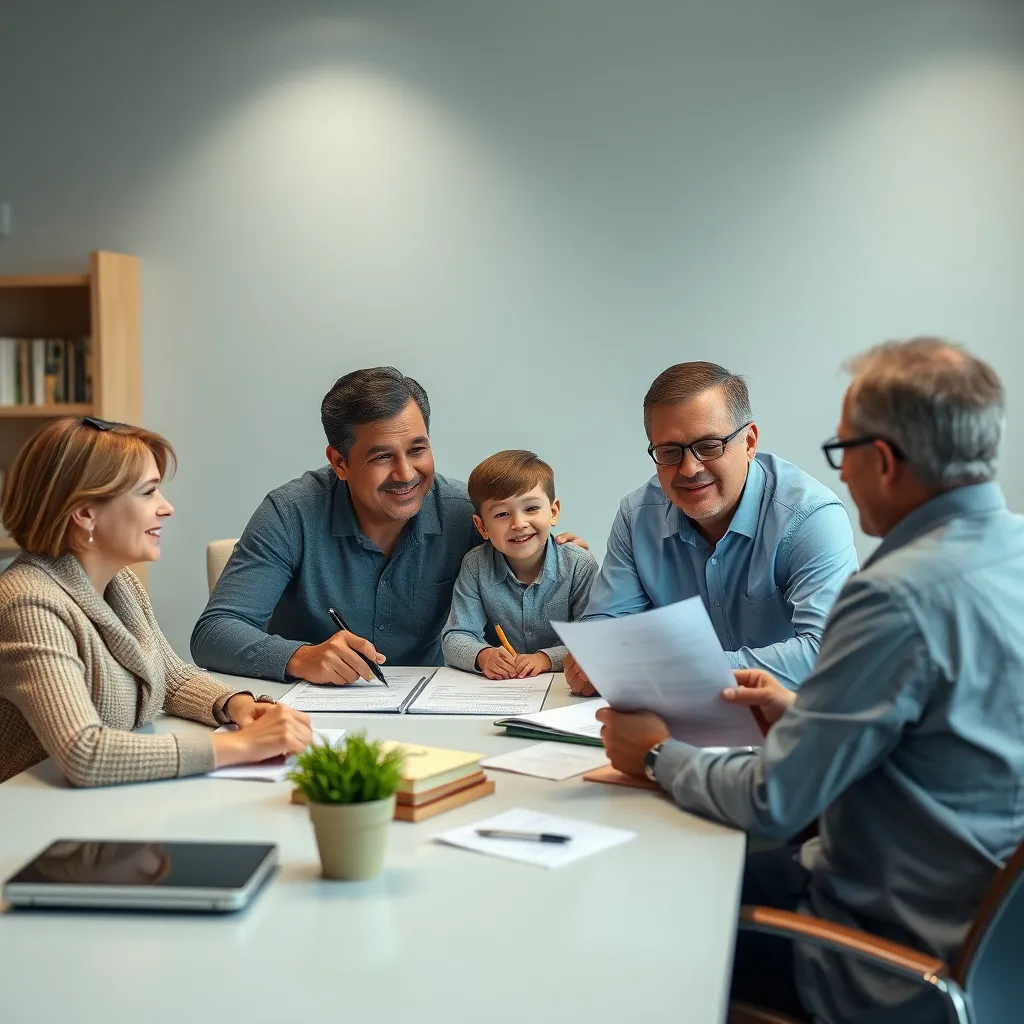 A photorealistic image of a family sitting with a mortgage broker at a desk, discussing financial documents and loan options. The scene should portray a comfortable and professional setting, highlighting the importance of expert guidance in navigating the mortgage process.