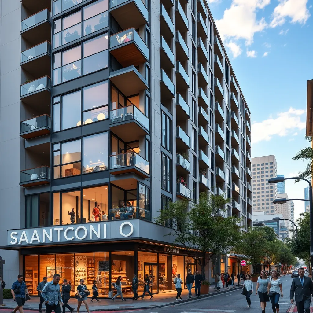 A photorealistic image of a modern apartment building in San Antonio with a vibrant street scene below, featuring people walking, shopping, and enjoying the city's atmosphere. The building should have a sleek design with large windows, showcasing the city's skyline in the background. The overall vibe should be one of bustling activity and positive growth.