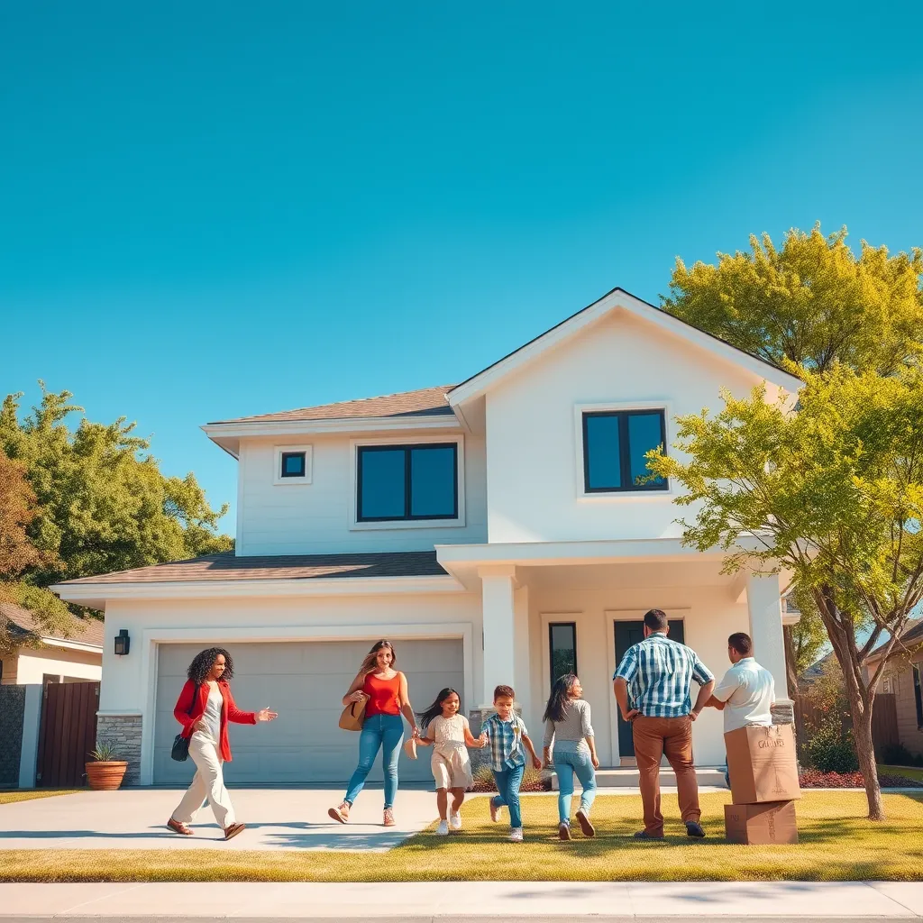 A photorealistic image of a modern, stylish house in a sunny suburban neighborhood with a family moving in, showcasing the excitement and promise of homeownership in San Antonio. The background should include a clear blue sky and lush green trees.