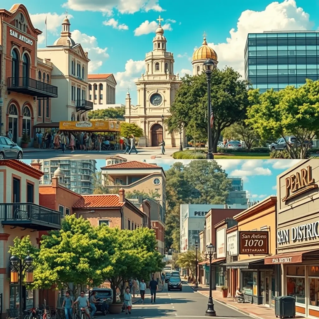 A photorealistic image showcasing a diverse range of San Antonio neighborhoods, capturing the unique architectural styles and atmospheres of each. Include scenes like a bustling street market in a historic district, a modern park with families enjoying the outdoors in Stone Oak, and a vibrant street scene with local shops and restaurants in the Pearl District.