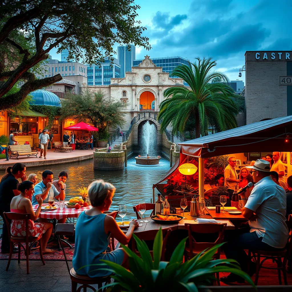 A photorealistic image showcasing the San Antonio lifestyle. The image features a family enjoying a picnic in the River Walk, a group of friends attending a Fiesta celebration, and a couple dining at a lively outdoor restaurant with live music.