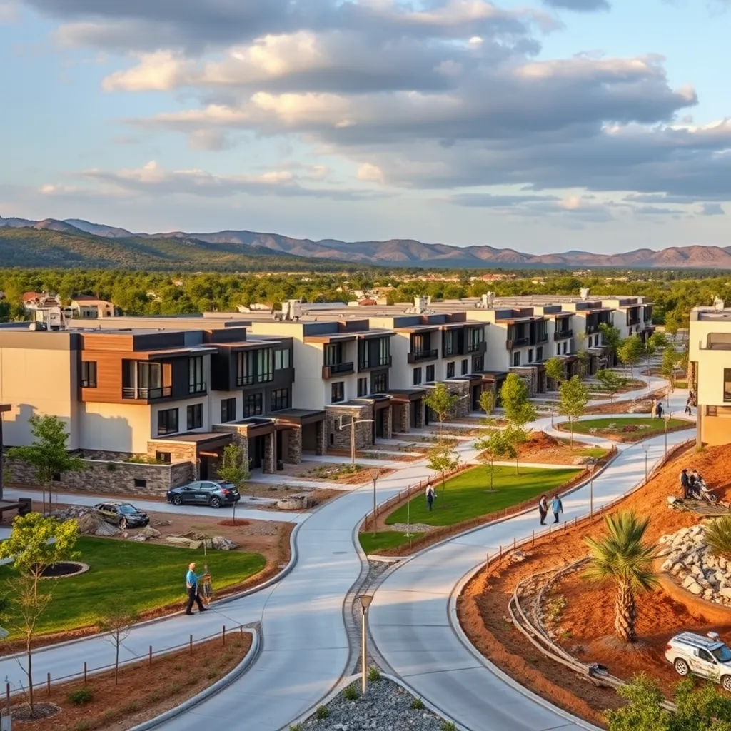 A photorealistic image showcasing a new development project in Stone Oak or Alamo Ranch, featuring modern, stylish townhomes or single-family homes with contemporary designs. The image should depict a bustling construction site with workers building the homes and a mix of green spaces, parks, and pedestrian-friendly walkways. The background should showcase the surrounding natural scenery, such as rolling hills or lush vegetation, highlighting the suburban appeal.