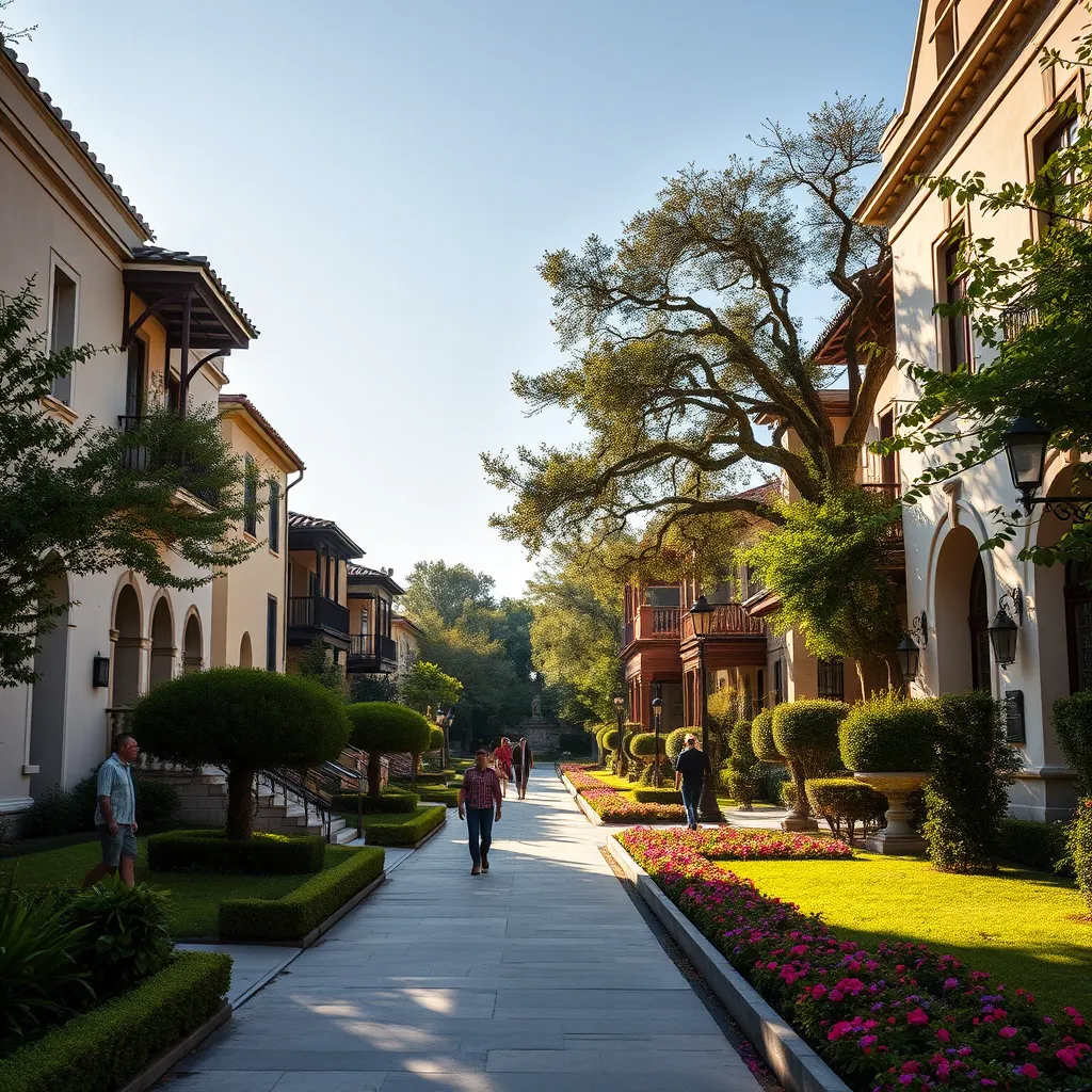 A picturesque street lined with beautifully restored Spanish Colonial homes in Alamo Heights, San Antonio. Lush greenery and vibrant flowers adorn the manicured lawns. Sunlight bathes the scene in a warm glow, casting long shadows. People stroll along the sidewalk, enjoying the charming atmosphere.