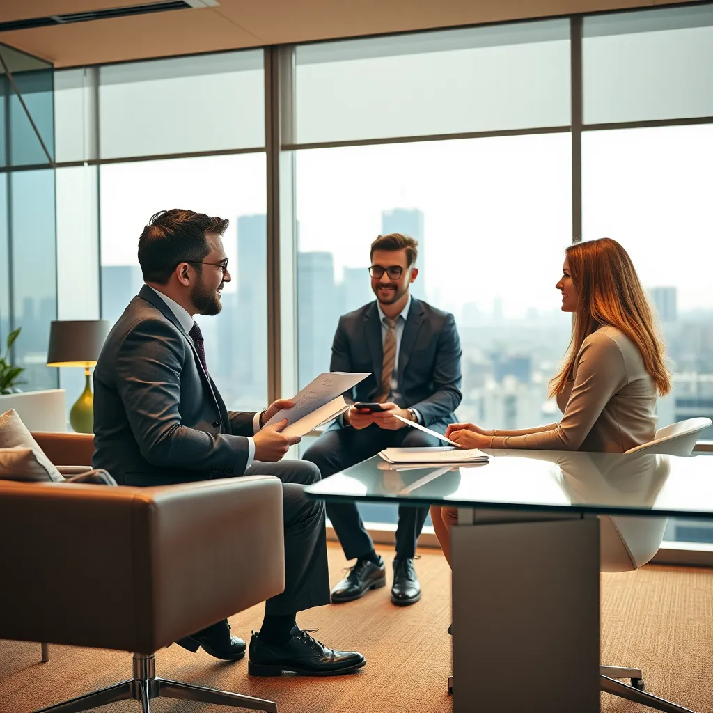 A professional, modern office setting with sleek furniture and a large window overlooking the city skyline. A financial advisor, dressed in a tailored suit, is explaining mortgage options to a young couple sitting across from them at a sleek desk. The scene is lit with warm, soft lighting, creating a comfortable and confidential atmosphere. The camera angle is slightly tilted, capturing the advisor and the couple in a dynamic composition, highlighting the interaction between them. The image should be ultra-detailed, hyperrealistic, and rendered in 8K resolution, showcasing the intricate details of the office space, the financial documents, and the expressions on the faces of the advisor and the couple. The overall mood should be confident, reassuring, and empowering, reflecting May Reed's expertise in helping clients navigate the mortgage process.