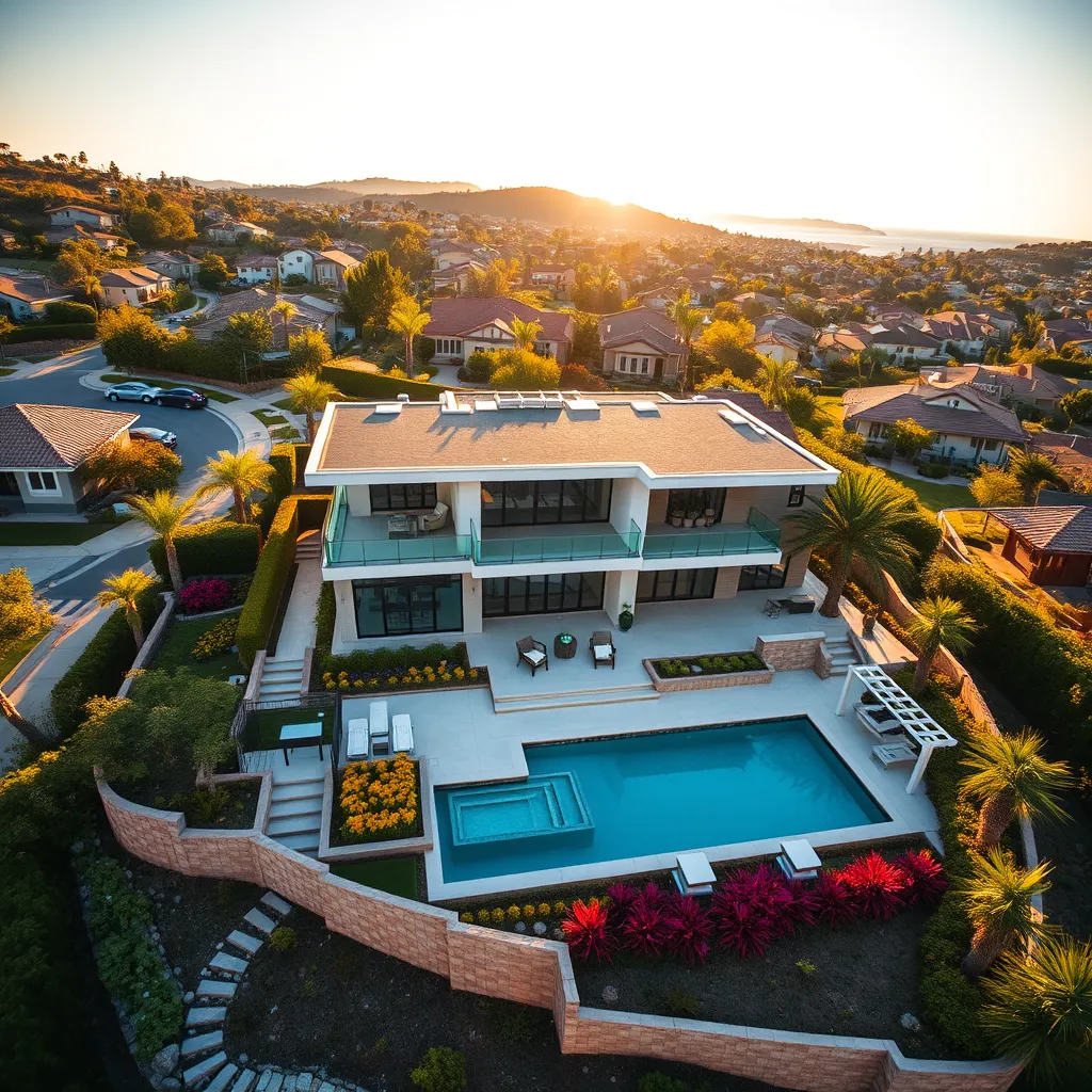 A stunning aerial view of a luxurious modern home nestled in a picturesque neighborhood with lush landscaping and a sparkling pool. The home's exterior features clean lines, expansive windows, and a stylish facade. The scene is bathed in warm, golden sunlight, highlighting the architectural details and the vibrant colors of the landscaping. The camera angle is positioned at a low angle, capturing the home in its entirety, emphasizing its grandeur and sophistication. The image should be photorealistic, ultra-detailed, and rendered in 8K resolution, showcasing the intricate details of the architecture, the luxurious landscaping, and the surrounding neighborhood. The overall mood should be elegant, aspirational, and inviting, reflecting May Reed's commitment to presenting properties in their best light.