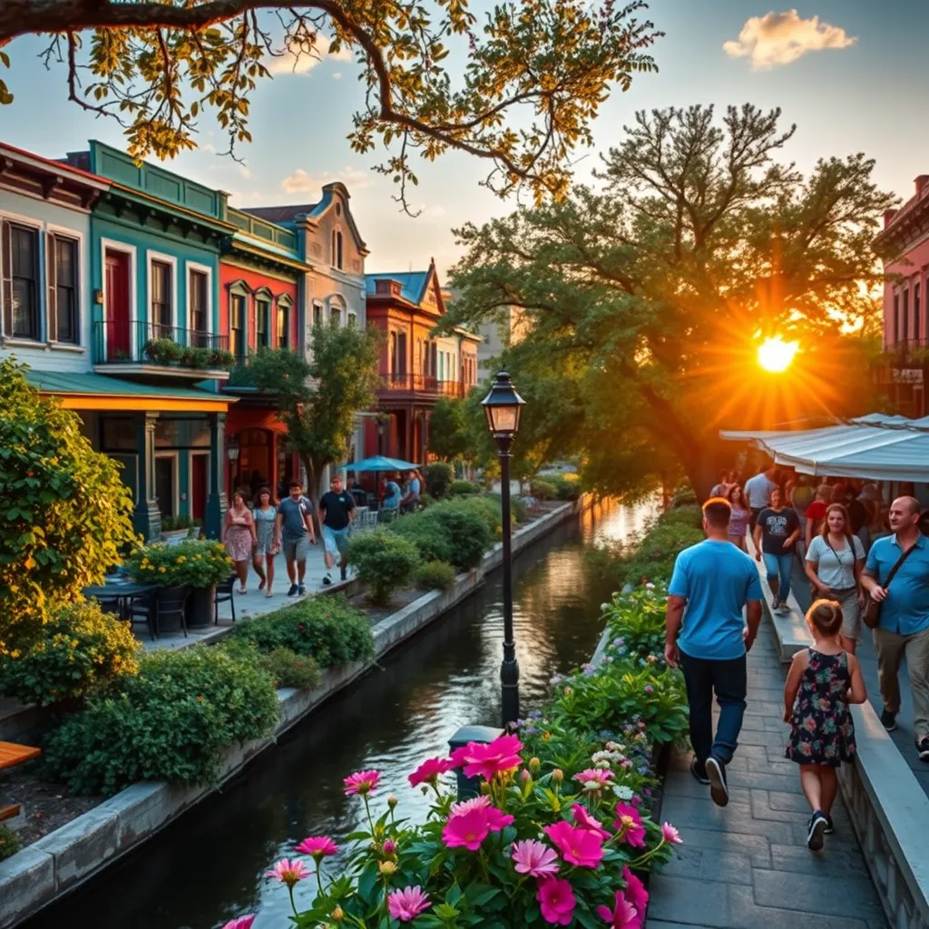 A view of the San Antonio River Walk from the King William District, with colorful historic homes lining the banks. People enjoy a leisurely stroll along the river walk, passing by restaurants, cafes, and shops. Lush greenery and vibrant flowers bloom along the pathway, creating a tranquil atmosphere. The setting sun casts a warm glow on the scene.
