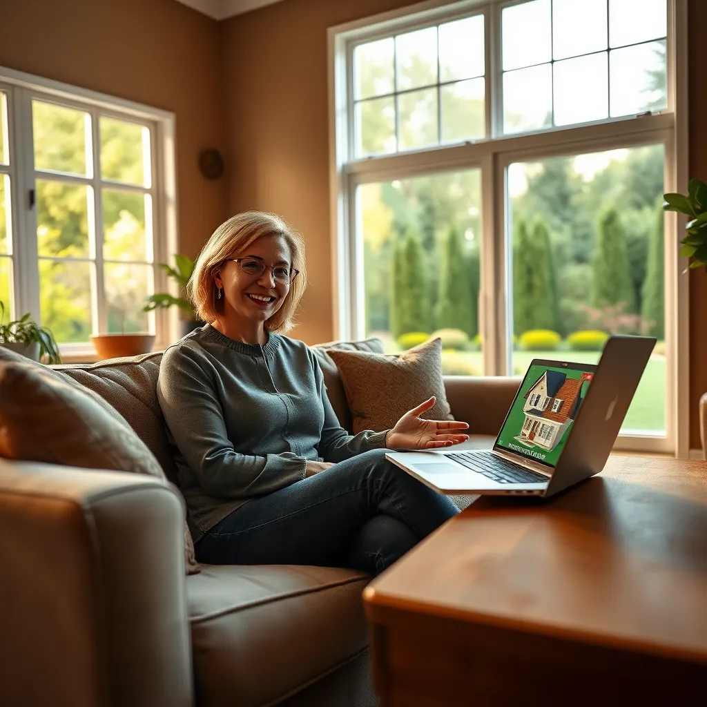 A warm, inviting living room with large windows overlooking a manicured garden. A friendly real estate agent, May Reed, sits on a plush sofa, smiling and gesturing towards a laptop displaying a 3D model of a house. The room is filled with soft, natural light, and the walls are painted in calming earth tones. The camera angle is slightly elevated, capturing the agent and the house model in a close-up, creating a sense of intimacy and trust. The image should be highly detailed, photorealistic, and rendered in 8K resolution, capturing the subtle textures of the furniture, the wood floors, and the vibrant greenery outside the window. The overall mood should be positive, reassuring, and welcoming, reflecting May Reed's commitment to providing exceptional service to home buyers.
