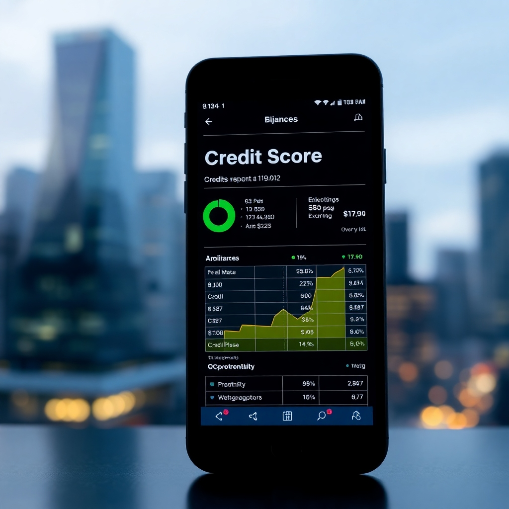 Create an image representing a credit score analysis. Depict a glowing smartphone displaying a credit report with positive indicators highlighted in green and areas for improvement subtly shown in yellow. The background is a blurred financial cityscape, emphasizing the connection between credit and opportunity. The style is modern and tech-forward.